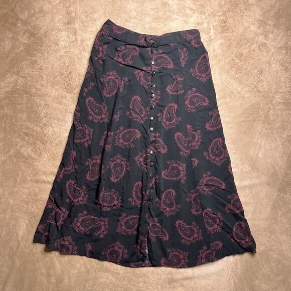 Vintage 90s Black Paisley Button Up Whimsigoth Maxi Skirt Maroon A Line Gothic - Picture 7 of 7
